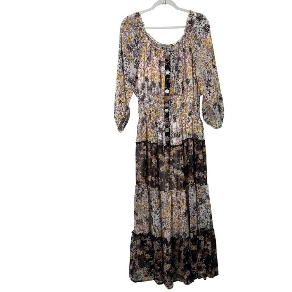 Figueroa‎ & Flower Tiered Maxi Dress Size XL Floral Sheer Boho Cottage Peasant